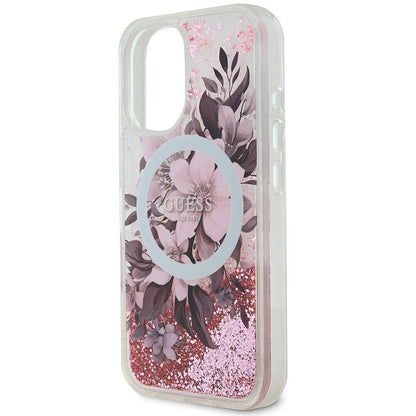 Apple iPhone 16 Kılıf Guess Orjinal Lisanslı M-safe Şarj Özellikli Sıvılı Simli Çiçek Desenli Kapak Yeşil