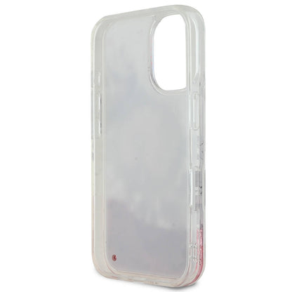 Apple iPhone 16 Kılıf Guess Orjinal Lisanslı M-safe Şarj Özellikli Sıvılı Simli Çiçek Desenli Kapak Pembe