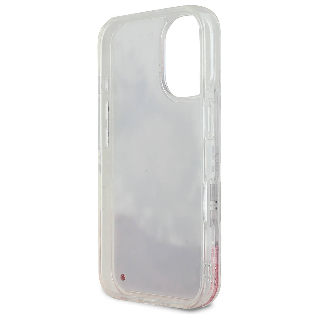 Apple iPhone 16 Kılıf Guess Orjinal Lisanslı M-safe Şarj Özellikli Sıvılı Simli Çiçek Desenli Kapak Mor