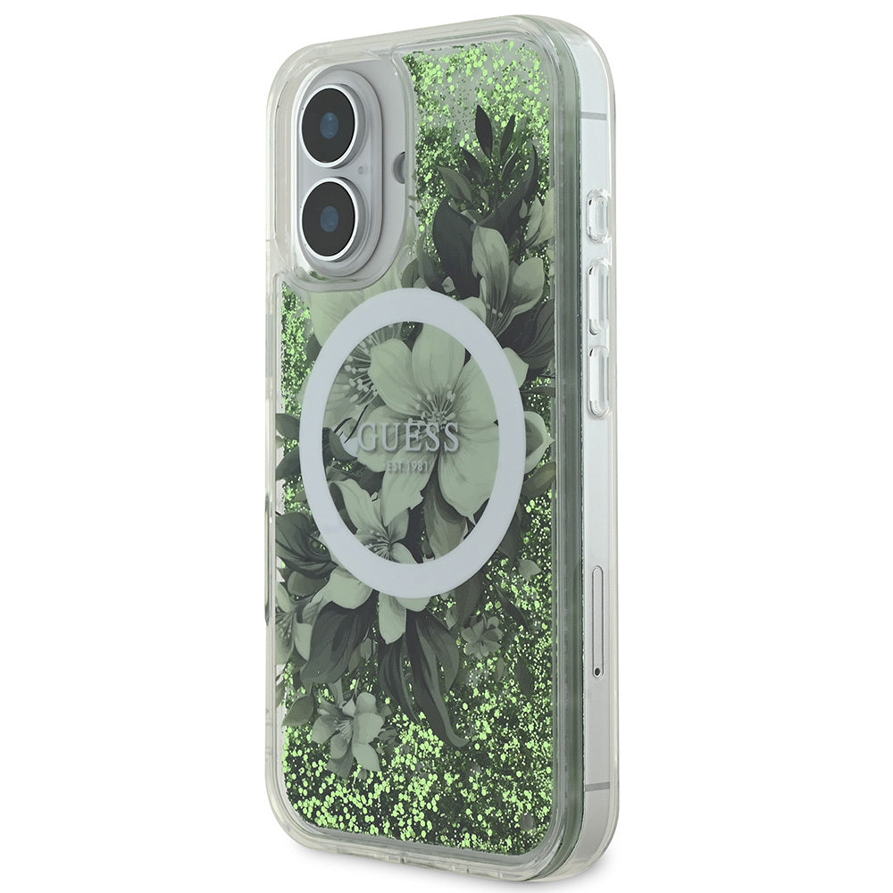 Apple iPhone 16 Kılıf Guess Orjinal Lisanslı M-safe Şarj Özellikli Sıvılı Simli Çiçek Desenli Kapak Pembe