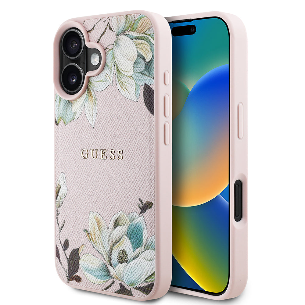 Apple iPhone 16 Kılıf Guess Orjinal Lisanslı M-safe Şarj Özellikli Taneli Çiçek Tasarımlı Metal Yazı Logolu Kapak Kırmızı