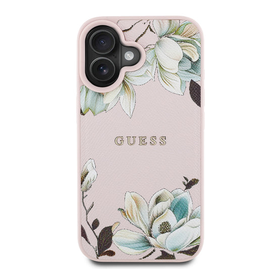 Apple iPhone 16 Kılıf Guess Orjinal Lisanslı M-safe Şarj Özellikli Taneli Çiçek Tasarımlı Metal Yazı Logolu Kapak Siyah