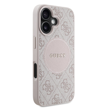 Apple iPhone 16 Kılıf Guess Orjinal Lisanslı M-safe Şarj Özellikli Yazı Logolu Circle Classic Kapak Pembe