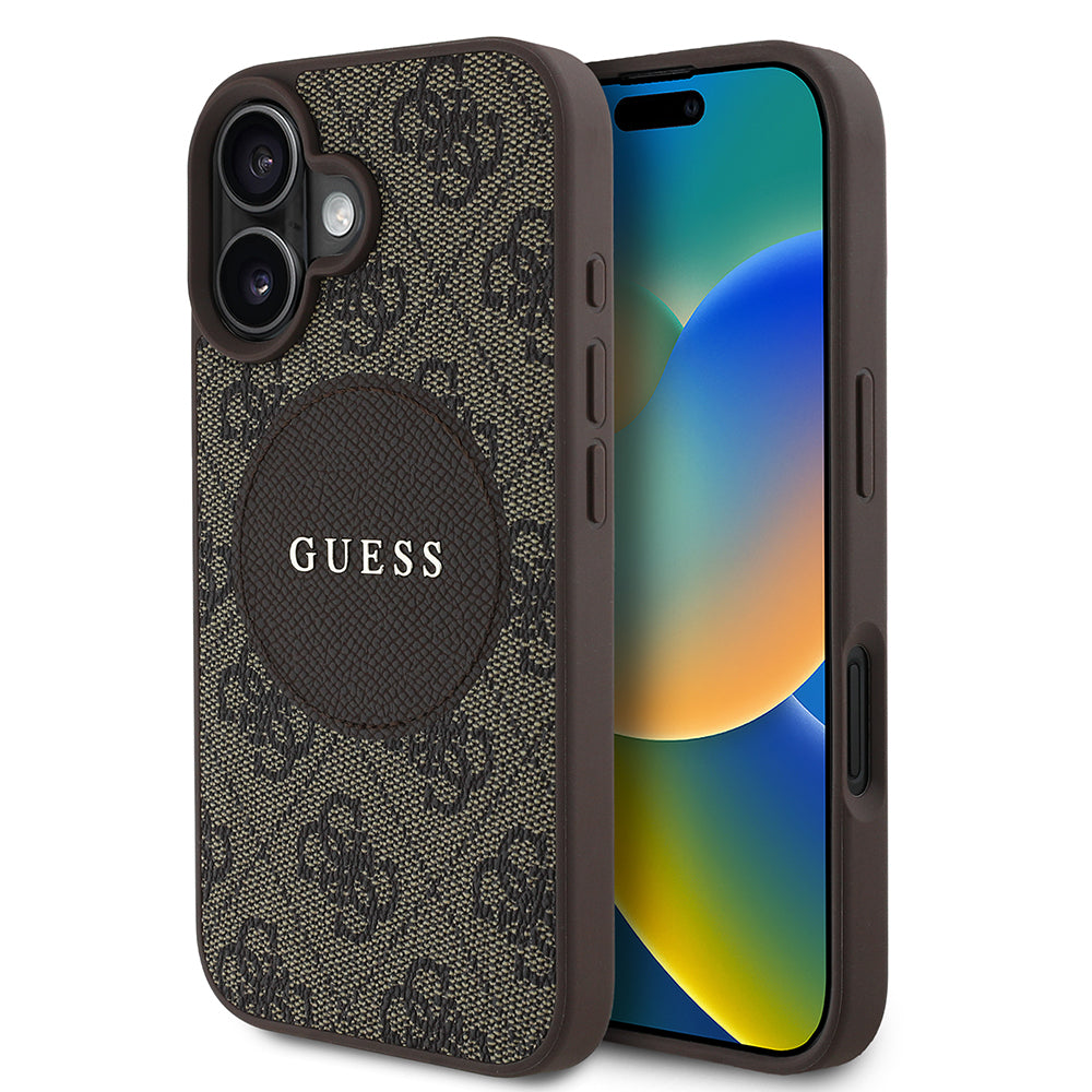 Apple iPhone 16 Kılıf Guess Orjinal Lisanslı M-safe Şarj Özellikli Yazı Logolu Circle Classic Kapak Kahverengi