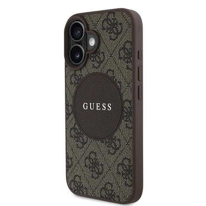 Apple iPhone 16 Kılıf Guess Orjinal Lisanslı M-safe Şarj Özellikli Yazı Logolu Circle Classic Kapak Kahverengi