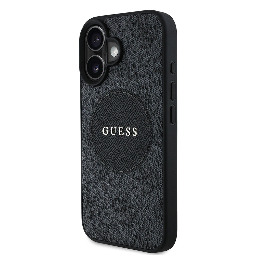 Apple iPhone 16 Kılıf Guess Orjinal Lisanslı M-safe Şarj Özellikli Yazı Logolu Circle Classic Kapak Siyah