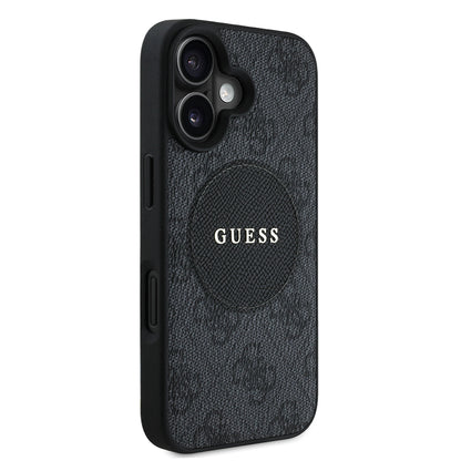 Apple iPhone 16 Kılıf Guess Orjinal Lisanslı M-safe Şarj Özellikli Yazı Logolu Circle Classic Kapak Siyah