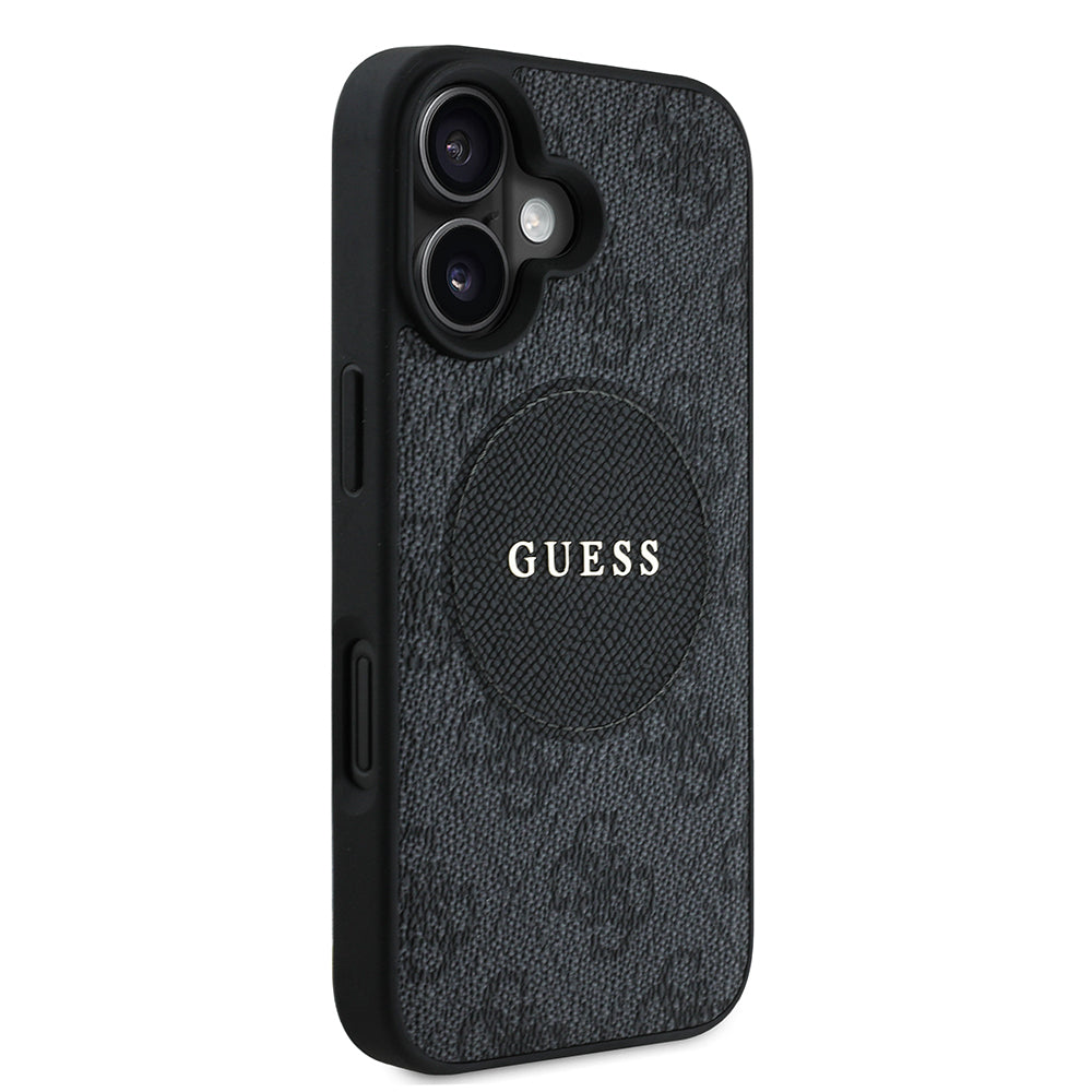 Apple iPhone 16 Kılıf Guess Orjinal Lisanslı M-safe Şarj Özellikli Yazı Logolu Circle Classic Kapak Kahverengi