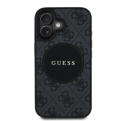 Apple iPhone 16 Kılıf Guess Orjinal Lisanslı M-safe Şarj Özellikli Yazı Logolu Circle Classic Kapak Siyah