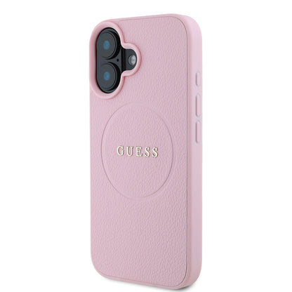 Apple iPhone 16 Kılıf Guess Orjinal Lisanslı M-safe Şarj Özellikli Yazı Logolu Grained Kapak Pembe