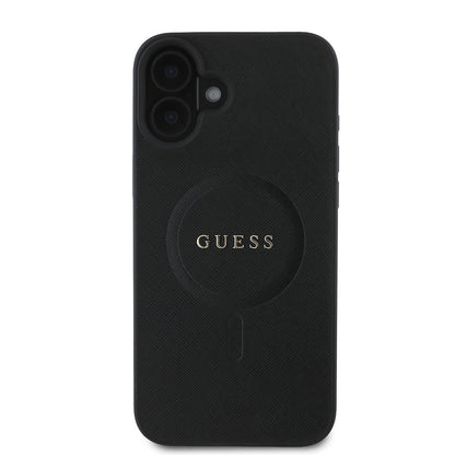 Apple iPhone 16 Kılıf Guess Orjinal Lisanslı M-safe Şarj Özellikli Yazı Logolu Saffiano Classic Kapak Siyah