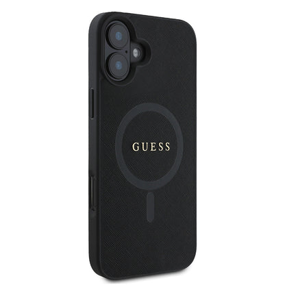 Apple iPhone 16 Kılıf Guess Orjinal Lisanslı M-safe Şarj Özellikli Yazı Logolu Saffiano Classic Kapak Siyah