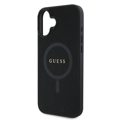 Apple iPhone 16 Kılıf Guess Orjinal Lisanslı M-safe Şarj Özellikli Yazı Logolu Saffiano Classic Kapak Siyah