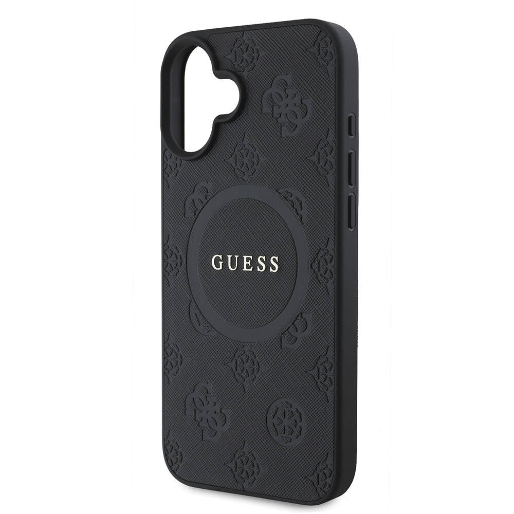 Apple iPhone 16 Kılıf Guess Orjinal Lisanslı M-safe Şarj Özellikli Yazı Logolu Saffiano Peony Kapak Siyah