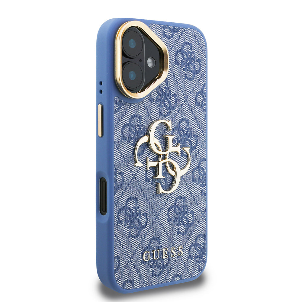 Apple iPhone 16 Kılıf Guess Orjinal Lisanslı PU Deri 4G Desenli Metal Büyük 4G ve Yazı Logolu Kamera Standlı Kapak Siyah