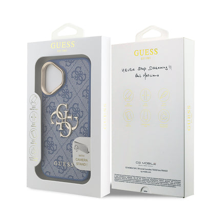 Apple iPhone 16 Kılıf Guess Orjinal Lisanslı PU Deri 4G Desenli Metal Büyük 4G ve Yazı Logolu Kamera Standlı Kapak Siyah