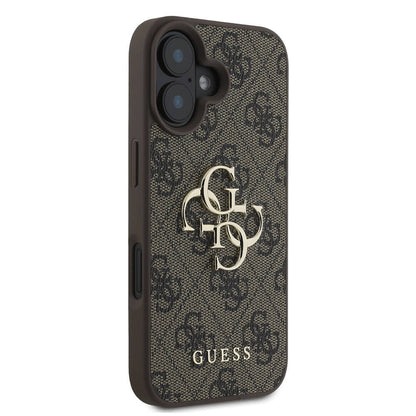 Apple iPhone 16 Kılıf Guess Orjinal Lisanslı PU Deri 4G Desenli Metal Büyük 4G ve Yazı Logolu Kapak Pembe