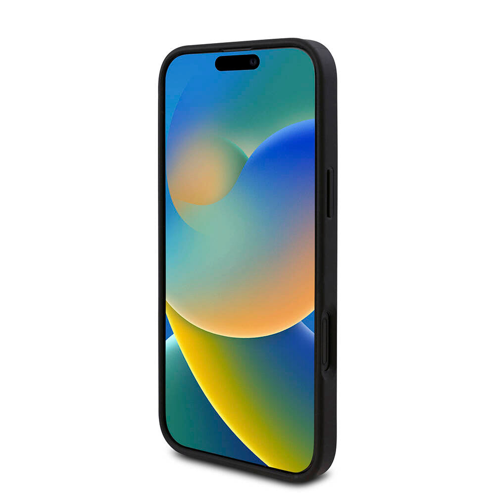 Apple iPhone 16 Kılıf Guess Orjinal Lisanslı PU Deri 4G Desenli Üçgen Logolu Kapak Siyah