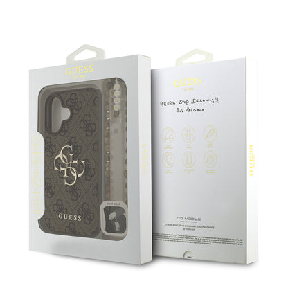 Apple iPhone 16 Kılıf Guess Orjinal Lisanslı PU Deri Bilek Askı İpli Metal Büyük 4G ve Yazı Logolu Kapak Kahverengi