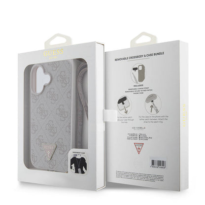 Apple iPhone 16 Kılıf Guess Orjinal Lisanslı PU Deri Taşlı Metal Üçgen Logolu Çapraz Vücut Askılı 4G Desenli Kapak Siyah