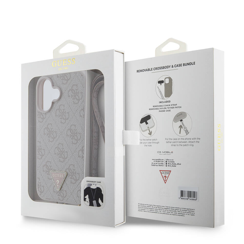 Apple iPhone 16 Kılıf Guess Orjinal Lisanslı PU Deri Taşlı Metal Üçgen Logolu Çapraz Vücut Askılı 4G Desenli Kapak Kahverengi