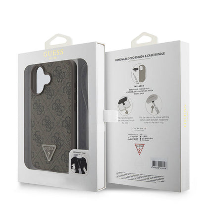 Apple iPhone 16 Kılıf Guess Orjinal Lisanslı PU Deri Taşlı Metal Üçgen Logolu Çapraz Vücut Askılı 4G Desenli Kapak Pembe