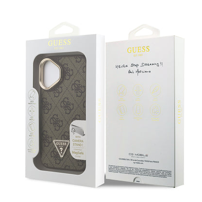 Apple iPhone 16 Kılıf Guess Orjinal Lisanslı PU Deri Taşlı Üçgen Logo 4G Desenli Kamera Standlı Kapak Siyah