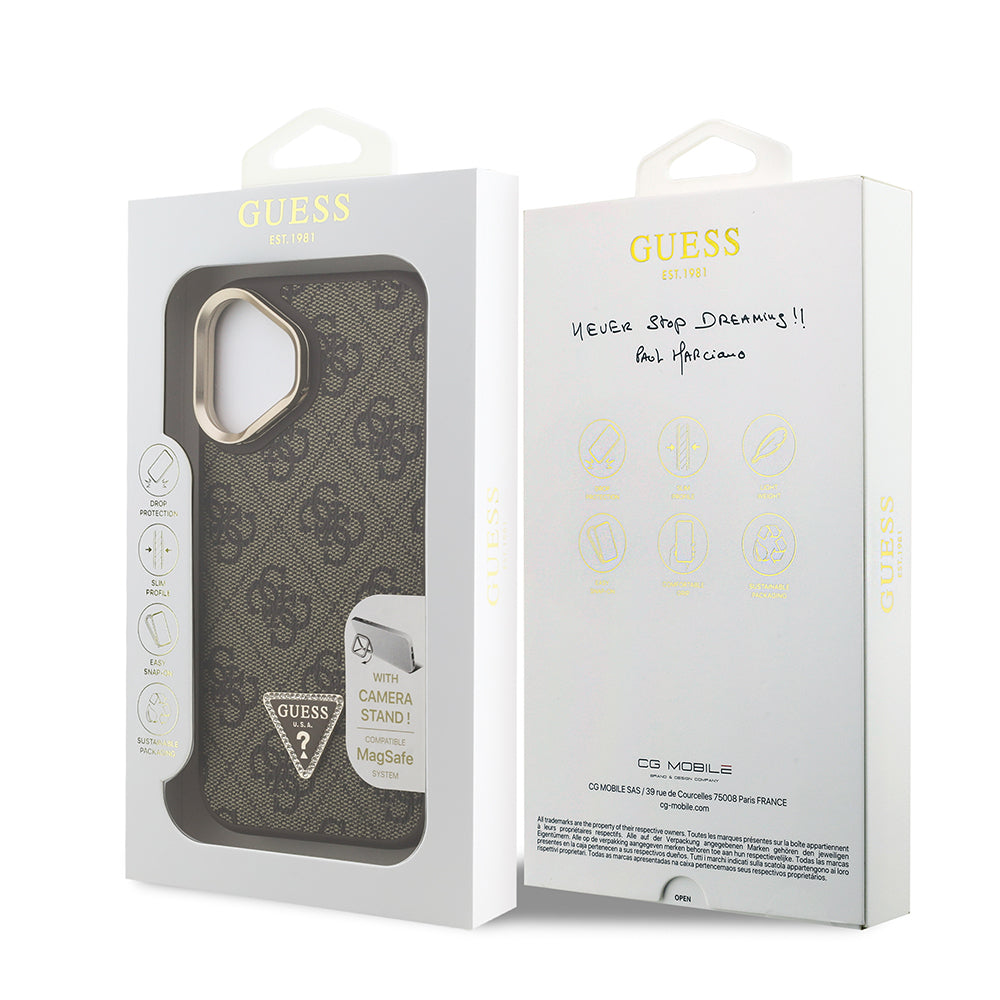 Apple iPhone 16 Kılıf Guess Orjinal Lisanslı PU Deri Taşlı Üçgen Logo 4G Desenli Kamera Standlı Kapak Pembe