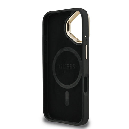 Apple iPhone 16 Kılıf Guess Orjinal Lisanslı PU Deri Taşlı Üçgen Logo 4G Desenli Kamera Standlı Kapak Pembe