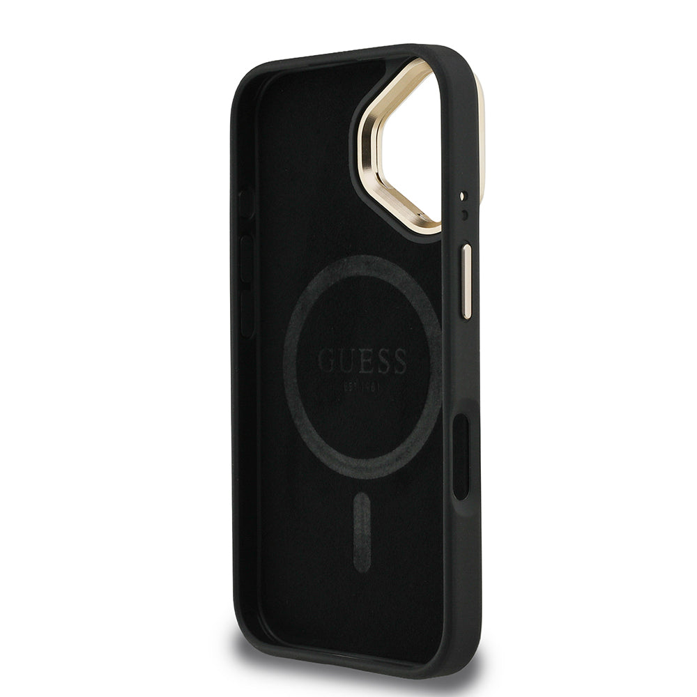 Apple iPhone 16 Kılıf Guess Orjinal Lisanslı PU Deri Taşlı Üçgen Logo 4G Desenli Kamera Standlı Kapak Siyah