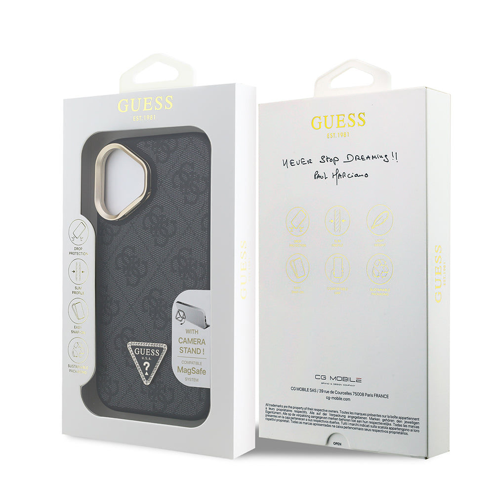 Apple iPhone 16 Kılıf Guess Orjinal Lisanslı PU Deri Taşlı Üçgen Logo 4G Desenli Kamera Standlı Kapak Pembe