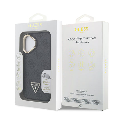 Apple iPhone 16 Kılıf Guess Orjinal Lisanslı PU Deri Taşlı Üçgen Logo 4G Desenli Kamera Standlı Kapak Siyah
