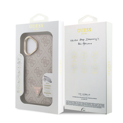 Apple iPhone 16 Kılıf Guess Orjinal Lisanslı PU Deri Taşlı Üçgen Logo 4G Desenli Kamera Standlı Kapak Siyah