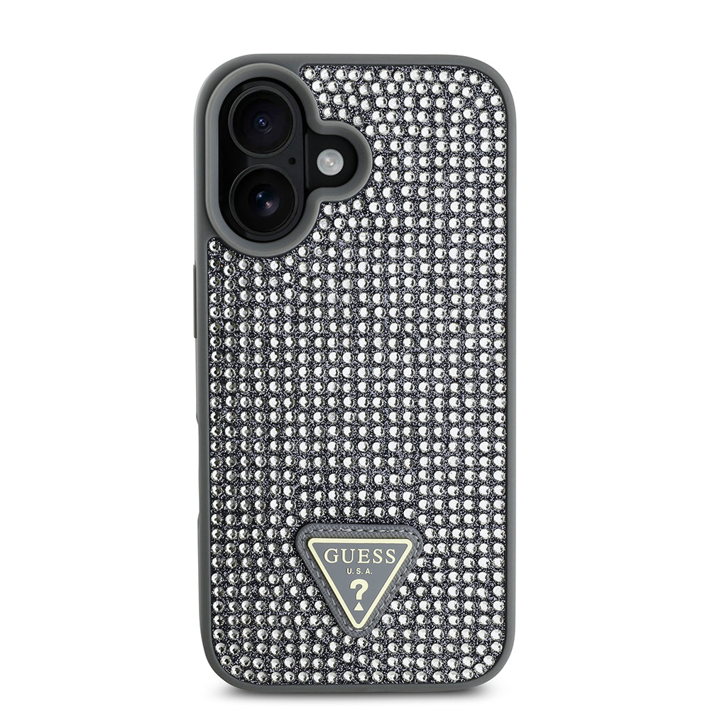Apple iPhone 16 Kılıf Guess Orjinal Lisanslı Taşlı Arka Yüzey Üçgen Logolu Kapak Gümüş