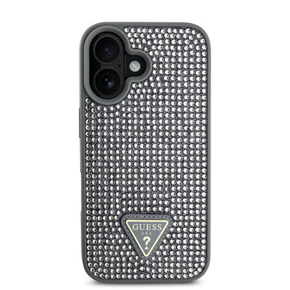 Apple iPhone 16 Kılıf Guess Orjinal Lisanslı Taşlı Arka Yüzey Üçgen Logolu Kapak Gümüş