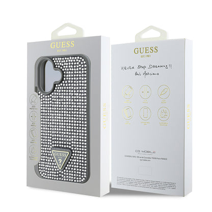 Apple iPhone 16 Kılıf Guess Orjinal Lisanslı Taşlı Arka Yüzey Üçgen Logolu Kapak Gümüş