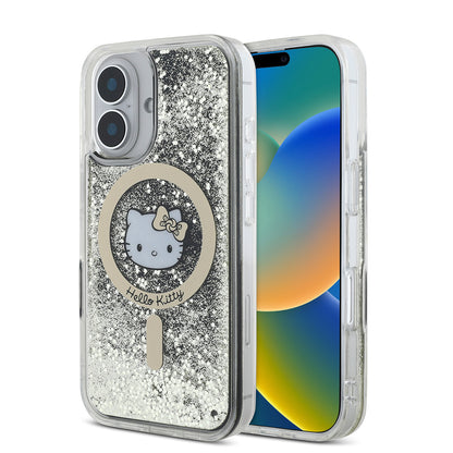 Apple iPhone 16 Kılıf Hello Kitty Orjinal Lisanslı M-safe Şarj Özellikli IML Baskı Kitty Head Logolu Sıvılı Simli Altın Ateşi Kapak Siyah