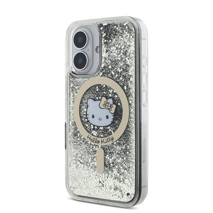 Apple iPhone 16 Kılıf Hello Kitty Orjinal Lisanslı M-safe Şarj Özellikli IML Baskı Kitty Head Logolu Sıvılı Simli Altın Ateşi Kapak Siyah