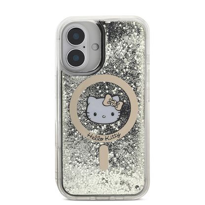 Apple iPhone 16 Kılıf Hello Kitty Orjinal Lisanslı M-safe Şarj Özellikli IML Baskı Kitty Head Logolu Sıvılı Simli Altın Ateşi Kapak Siyah