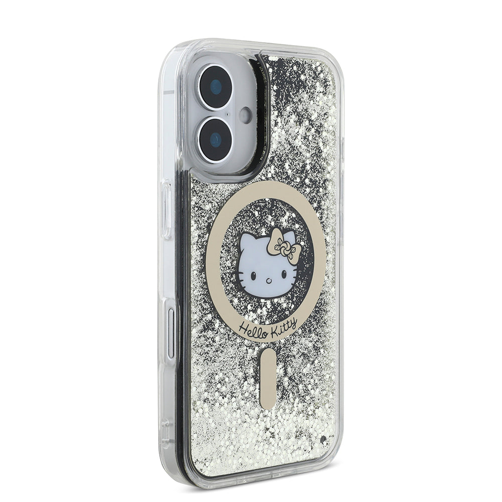 Apple iPhone 16 Kılıf Hello Kitty Orjinal Lisanslı M-safe Şarj Özellikli IML Baskı Kitty Head Logolu Sıvılı Simli Altın Ateşi Kapak Siyah