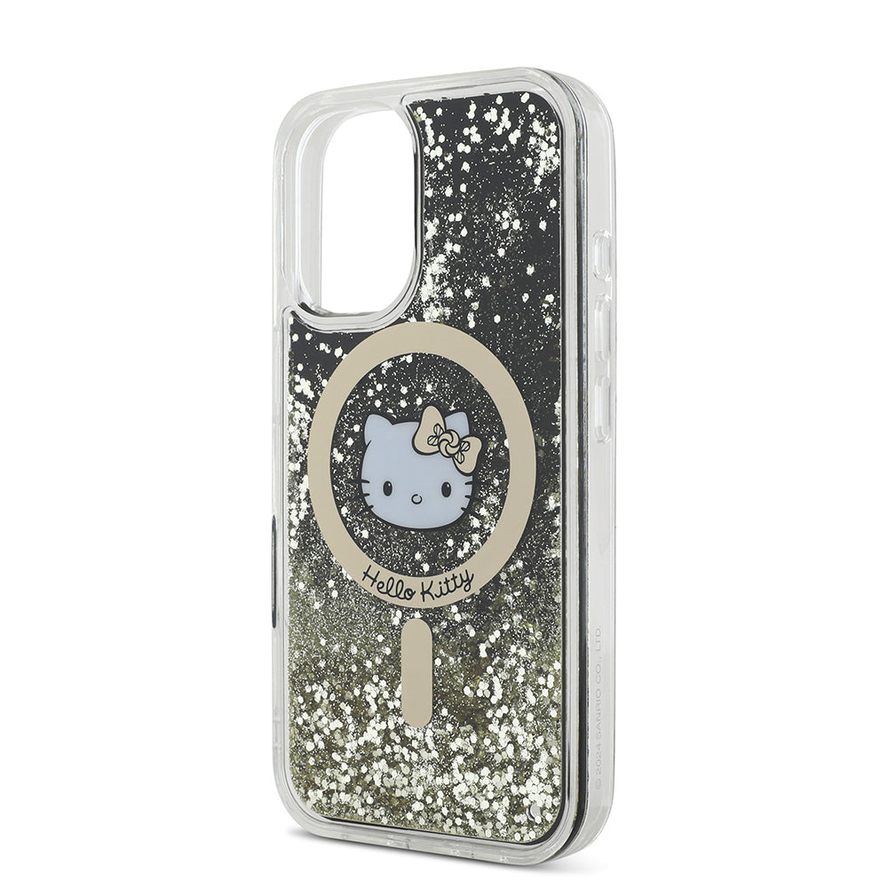 Apple iPhone 16 Kılıf Hello Kitty Orjinal Lisanslı M-safe Şarj Özellikli IML Baskı Kitty Head Logolu Sıvılı Simli Altın Ateşi Kapak Siyah