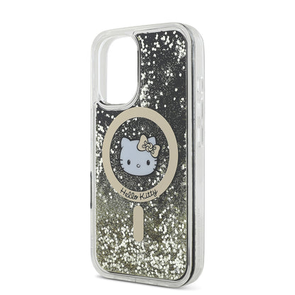 Apple iPhone 16 Kılıf Hello Kitty Orjinal Lisanslı M-safe Şarj Özellikli IML Baskı Kitty Head Logolu Sıvılı Simli Altın Ateşi Kapak Siyah