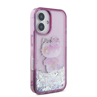 Apple iPhone 16 Kılıf Hello Kitty Orjinal Lisanslı Sıvılı Simli 50. Yıldönümü Partisi Kapak Mor