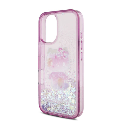 Apple iPhone 16 Kılıf Hello Kitty Orjinal Lisanslı Sıvılı Simli 50. Yıldönümü Partisi Kapak Mor