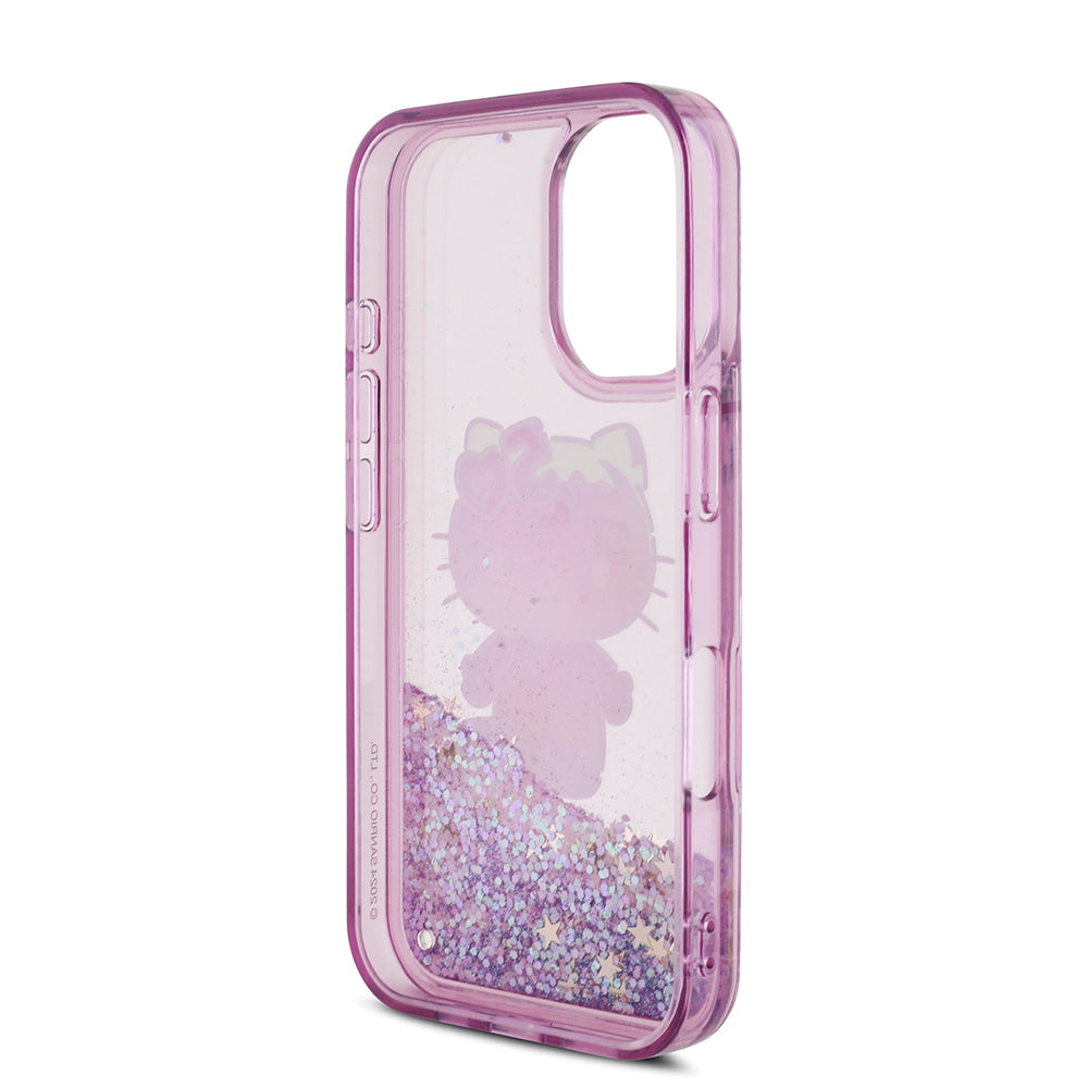 Apple iPhone 16 Kılıf Hello Kitty Orjinal Lisanslı Sıvılı Simli 50. Yıldönümü Partisi Kapak Mor