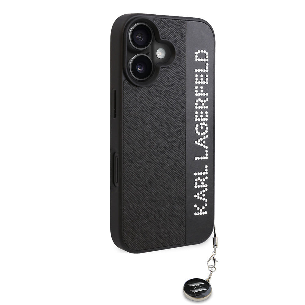 Apple iPhone 16 Kılıf Karl Lagerfeld Orjinal Lisanslı Anahtarlıklı Taşlı KL Yazılı Saffiano Rhinestones Kapak Siyah