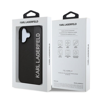 Apple iPhone 16 Kılıf Karl Lagerfeld Orjinal Lisanslı Anahtarlıklı Taşlı KL Yazılı Saffiano Rhinestones Kapak Siyah