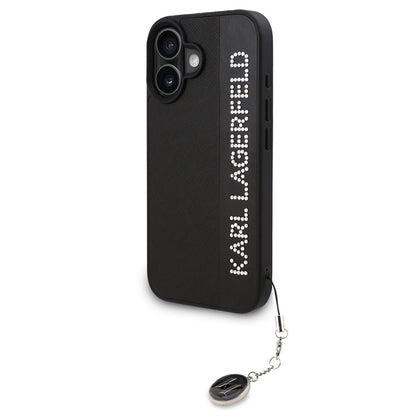 Apple iPhone 16 Kılıf Karl Lagerfeld Orjinal Lisanslı Anahtarlıklı Taşlı KL Yazılı Saffiano Rhinestones Kapak Pembe
