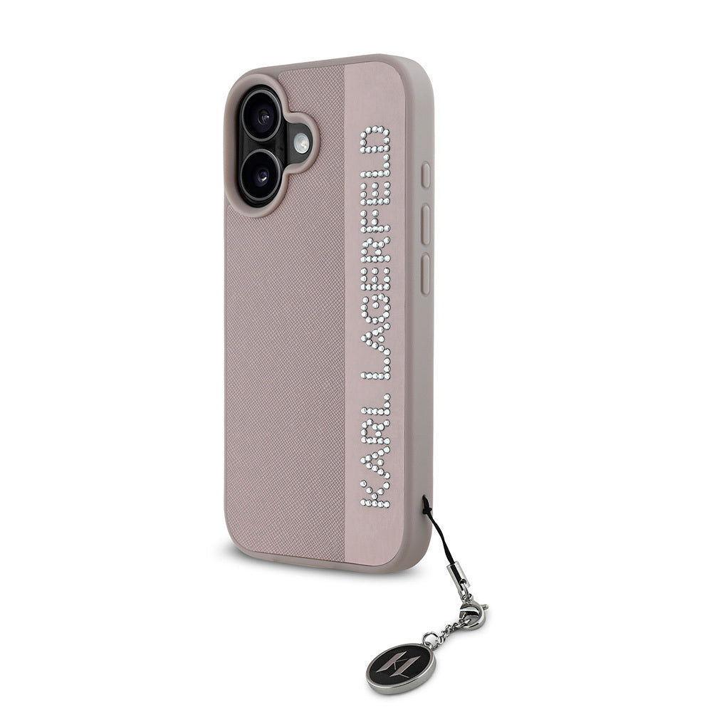 Apple iPhone 16 Kılıf Karl Lagerfeld Orjinal Lisanslı Anahtarlıklı Taşlı KL Yazılı Saffiano Rhinestones Kapak Siyah