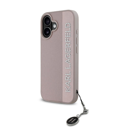 Apple iPhone 16 Kılıf Karl Lagerfeld Orjinal Lisanslı Anahtarlıklı Taşlı KL Yazılı Saffiano Rhinestones Kapak Pembe